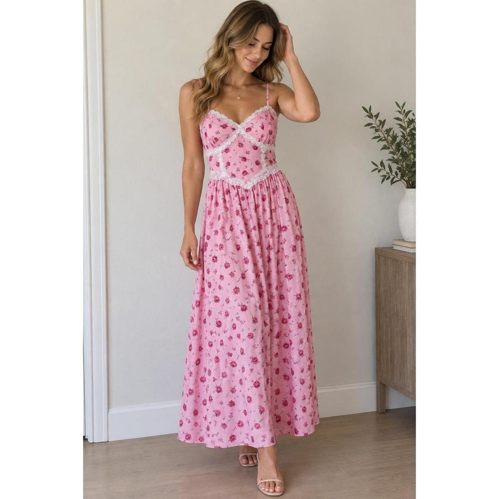 Pink Floral Lace Trim Cami Maxi Dress Cottagecore Romantic Rose Coquette OXL